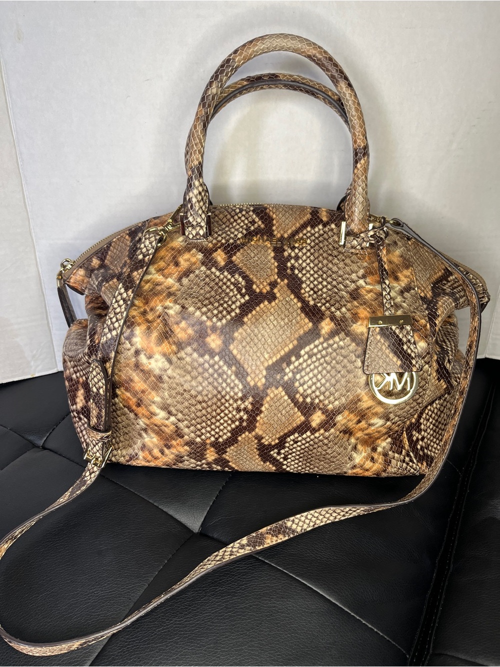 Michael Kors Embossed Leather Snakeskin Python Print Riley Satchel Hand Bag - Picture 2 of 14